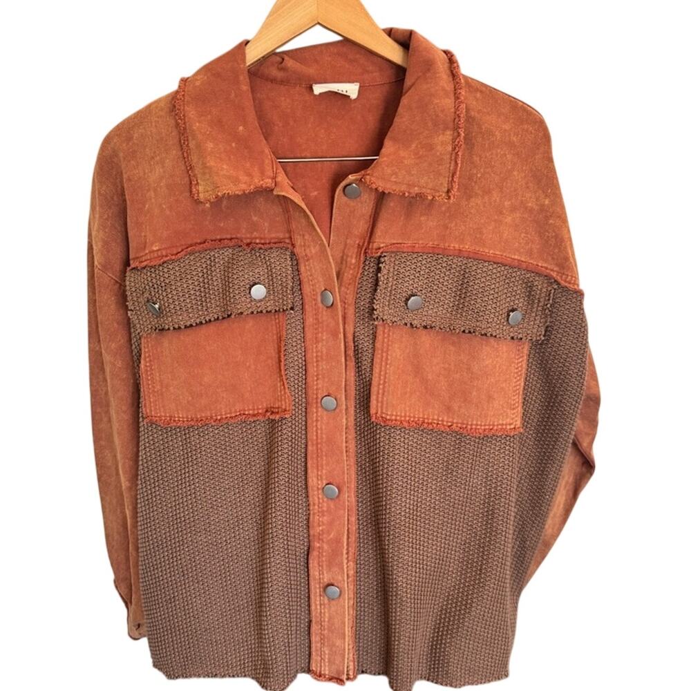BIBI Mineral Washed Shacket – Orange & Brown Mixed Fabrics NWOT, Oversized Fit